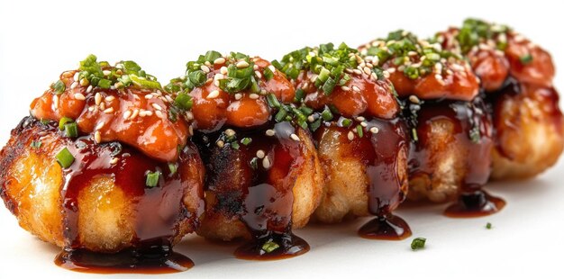 Closeup of Takoyaki Topped with Sauce Sesame Seeds and Green Onions