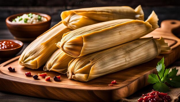 Closeup of tamales stacked on a wooden serving board