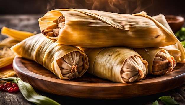 Closeup of tamales wrapped in corn husks ready for steaming