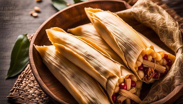 Closeup of tamales wrapped in decorative paper for gifting