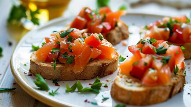 Closeup of tasty bruschetta with lightly salted salmon and vegetables on the plate