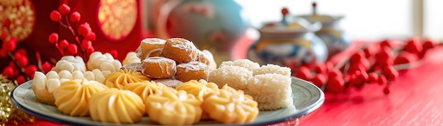 Closeup of tasty Chinese New Year treats sweet rice cakes and almond cookies beautifully arranged on