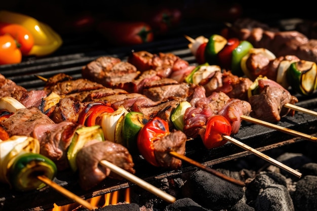 Closeup of Tasty Kebab Meat and Vegetables Grilling on a Hot Barbecue