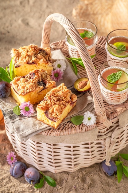 Closeup of tasty plum yeast cake served on beach