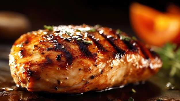 Closeup of tasty roast chicken breast served on wooden board Delicious food Grilled chicken Generative AI