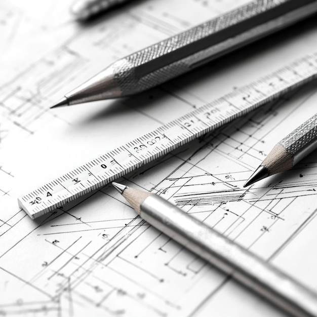 Photo a closeup of technical drawing toolsrulers compasses and pencilsarranged on an architectural blueprint v 61 job id 95be101caa0640c68af8f3caa9dd483a