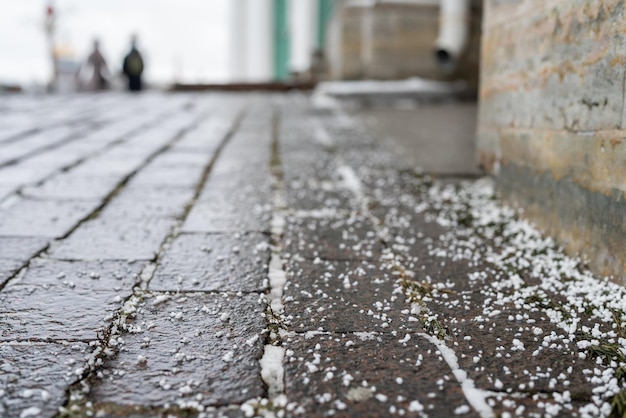 Closeup of technical salt grains on icy sidewalk surface in winter used for melting ice and snow