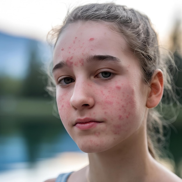 Photo closeup of teenage girl with acne problematic skin in adolescents