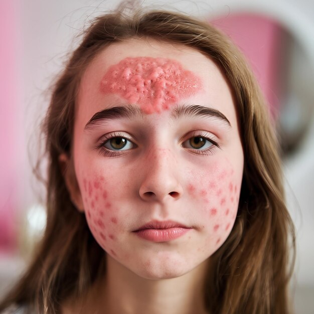 Photo closeup of teenage girl with acne problematic skin in adolescents