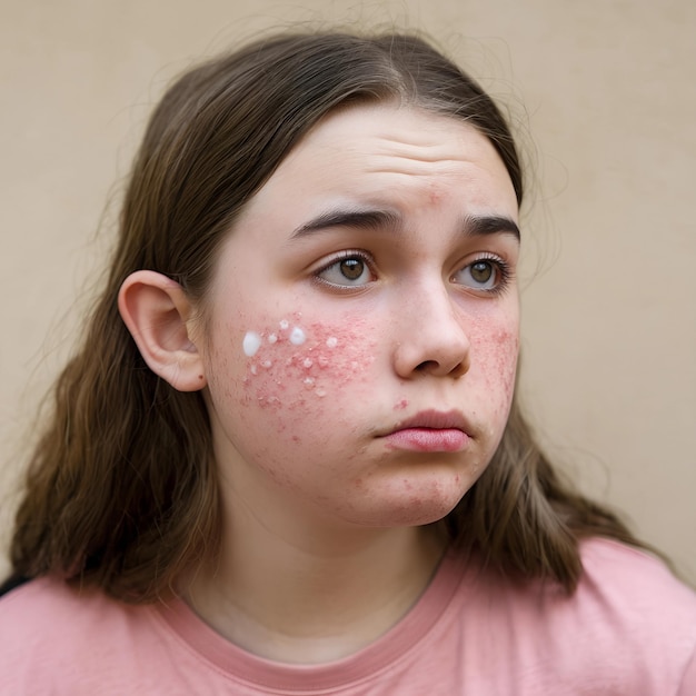 Photo closeup of teenage girl with acne problematic skin in adolescents