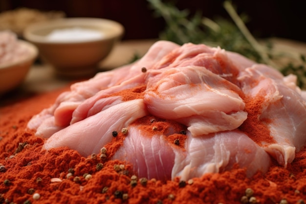 Closeup of tender pork fibers and seasoning