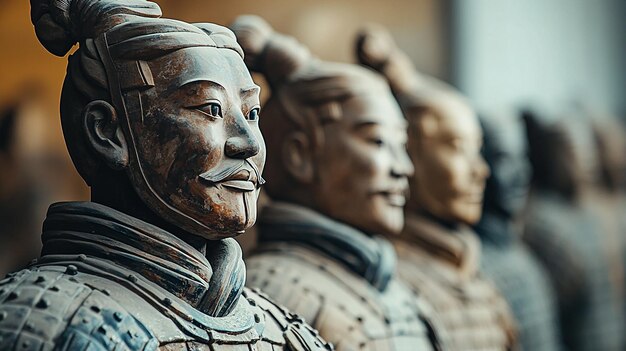 Photo closeup of the terracotta army with rows of lifesized figures