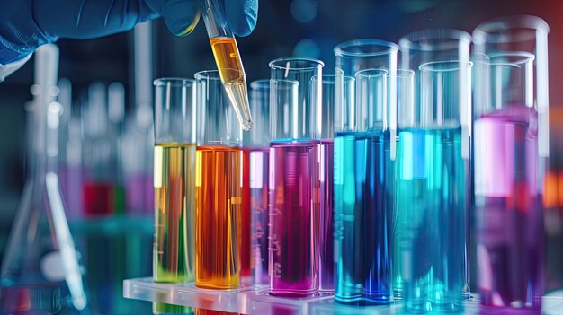 closeup of test tubes with colorful liquid Selective focus