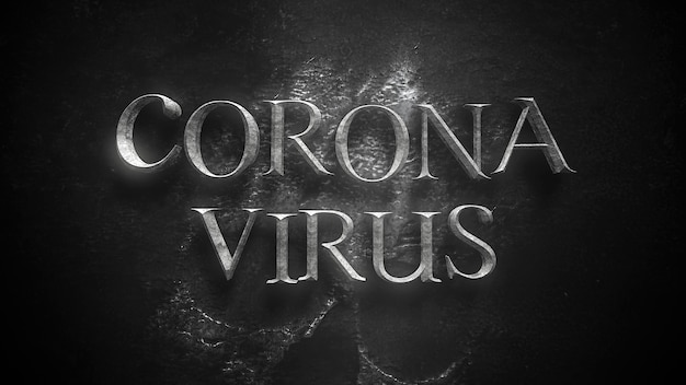 Closeup text Coronavirus and mystical horror background with dark skull, abstract backdrop. Luxury and elegant 3d illustration of horror theme