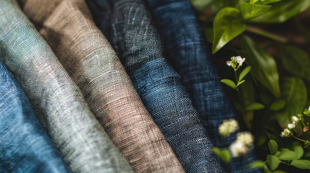 CloseUp Texture of Blue Denim Fabric with Green Plant Accents