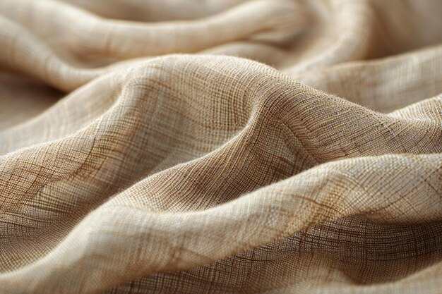 A closeup of the texture and color of beige linen fabric with soft folds and subtle shadows against