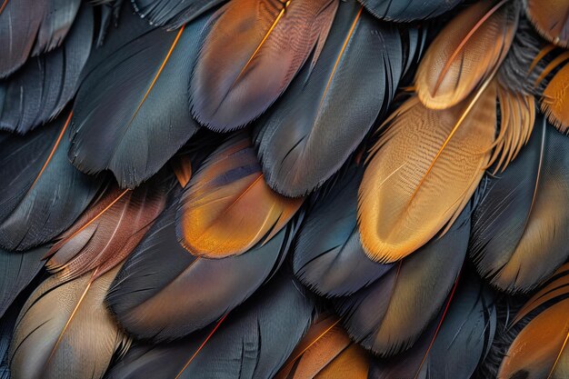 Photo closeup texture of colorful bird feathers