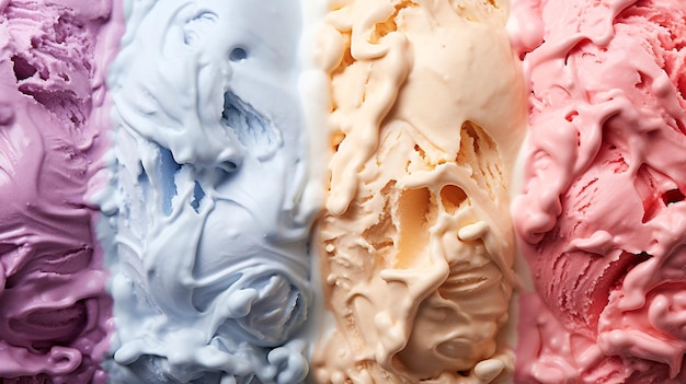 Closeup of the texture of popsicles caramel ice cream strawberry and blue ice cream