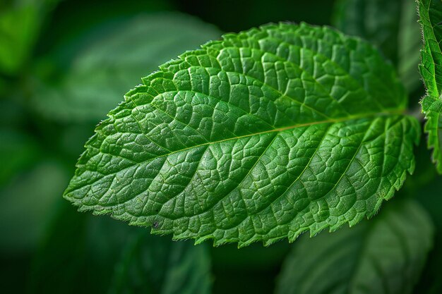 Closeup of the texture and veins on a lemon balm leaf focusing on its green color and intricate pat