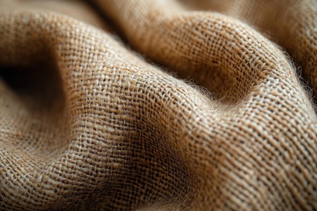 Photo closeup of textured brown burlap fabric with wrinkles and folds