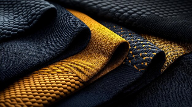 Photo closeup of textured fabric showcasing a blend of black and yellow materials ideal for fashion and design applications