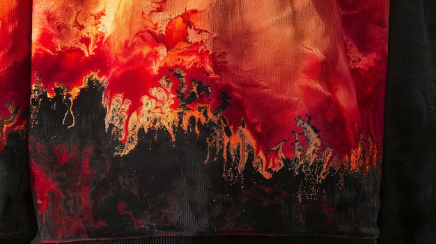 Closeup of a textured fabric with an abstract fiery and black pattern resembling flames