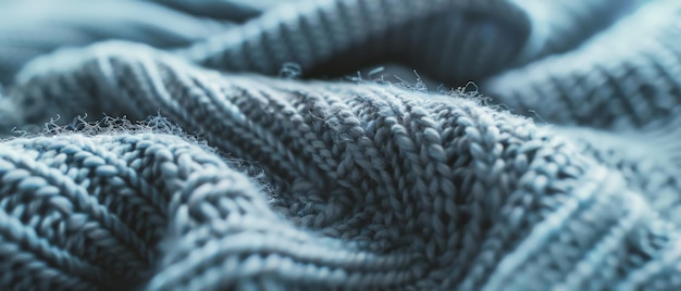 A closeup of a textured knitted fabric in soft blue tones showcasing the intricate weave and cozy inviting feel