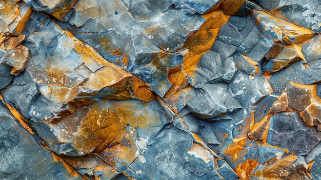 Closeup of a textured rock face with blue gray and orange hues