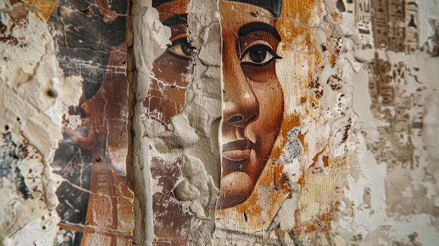 Closeup of textured wall art depicting a fragmented cultural portrait