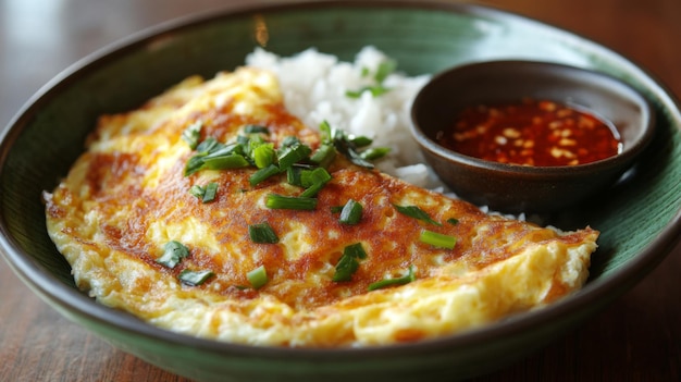 Photo closeup of a thaistyle omelette with golden crispy edges served atop a bowl of rice with a small dish of chili sauce on the side