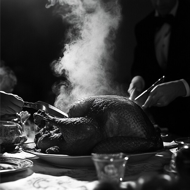 Photo a closeup of a thanksgiving turkey being carved at the dinner table with steam rising from the bir