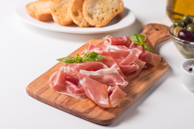 Closeup of thin slices of prosciutto. Italian food