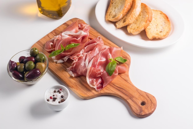 Closeup of thin slices of prosciutto. Italian food