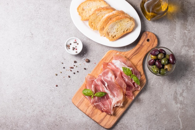 Closeup of thin slices of prosciutto. Italian food