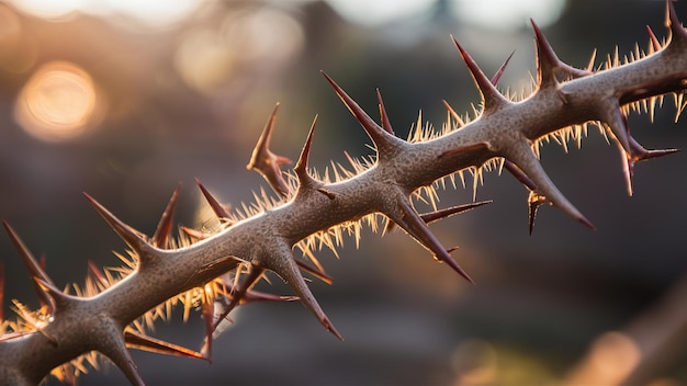 Photo a closeup of a thorny branch with sharp hairlike spines on nature background generative ai