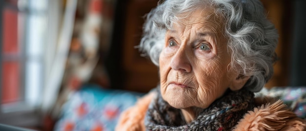 Closeup of a thoughtful elderly woman with gray hair looking offcamera