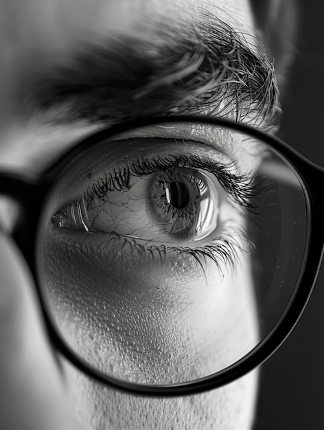 Photo closeup of thoughtful eye behind glasses in black and white