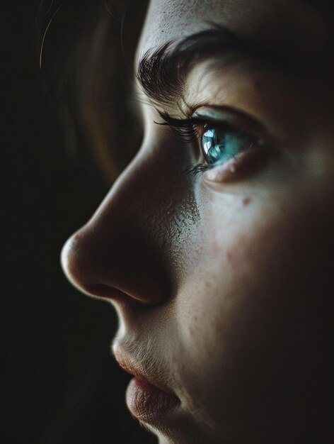 CloseUp of Thoughtful Young Woman with Blue Eyes in Low Light