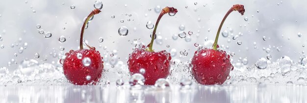 Closeup of three freshripe cherry clusters with sparkling water droplets reflecting light on a cleanminimalist white background Healthyorganic fruit in a simpleelegant composition for gourmet