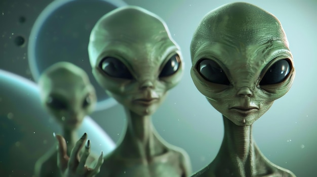 A closeup of three grey aliens with large eyes They are looking directly at the viewer with a serious expression