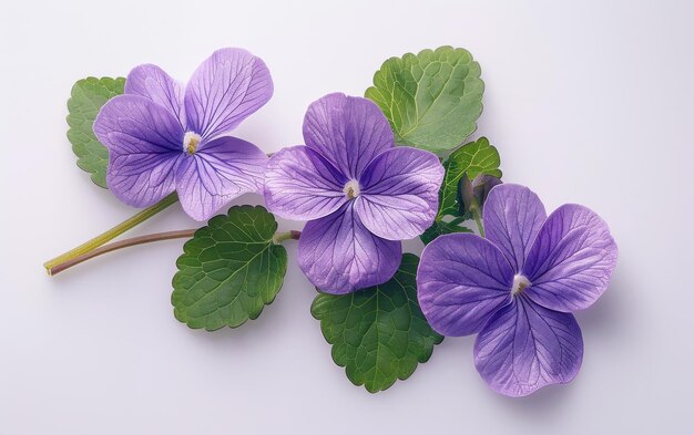 A closeup of three lavender flowers with green leaves on a white background