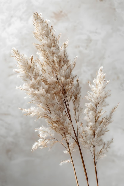 Closeup of three pampas grass plants on a gray background