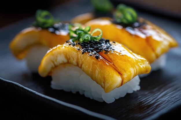 Photo closeup of three sushi rolls with sesame seeds and green onions