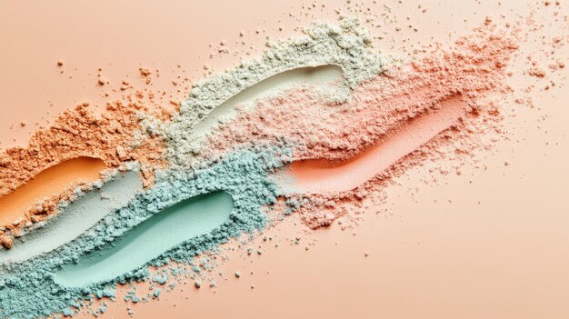 Photo closeup of three swatches of colored powder on peach background