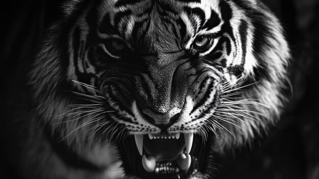 Photo closeup of a tigers face with teeth bared