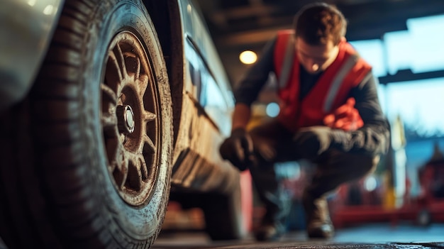 Closeup of a Tire with Blurred Mechanic in Background