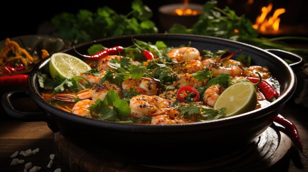 Closeup of Tom Yum Goong a spicy shrimp soup a delightful taste of Thailand Generative AI