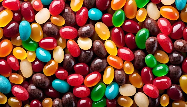 Closeup top view of colorful jelly beans candy backdrop