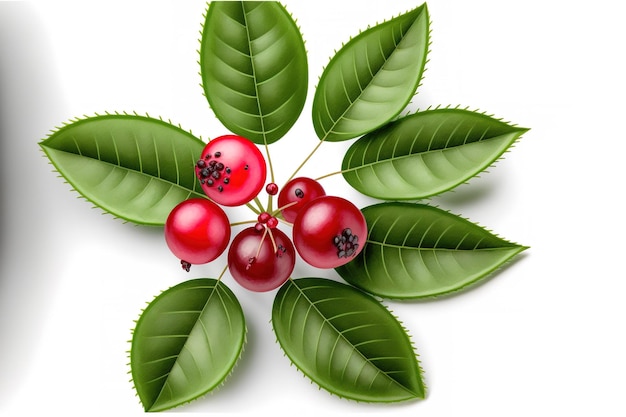 Closeup top view of a cranberry with a leaf isolated on a white backdrop