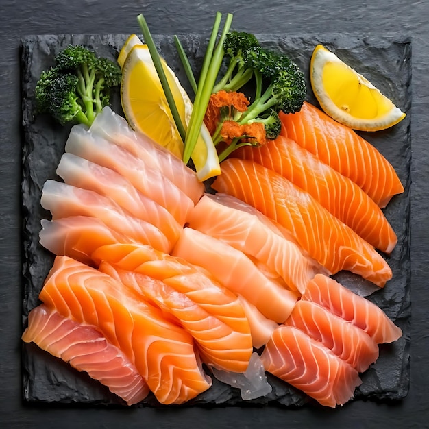 Closeup top view of ingredients Sashimi SET Salmon Tuna Japanese food